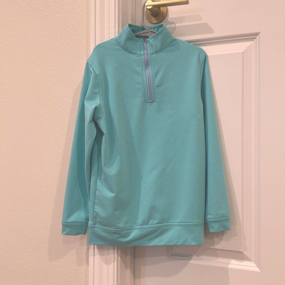 Peter Millar Boys 1/4 zip, Aqua color with cottage blue zipper
